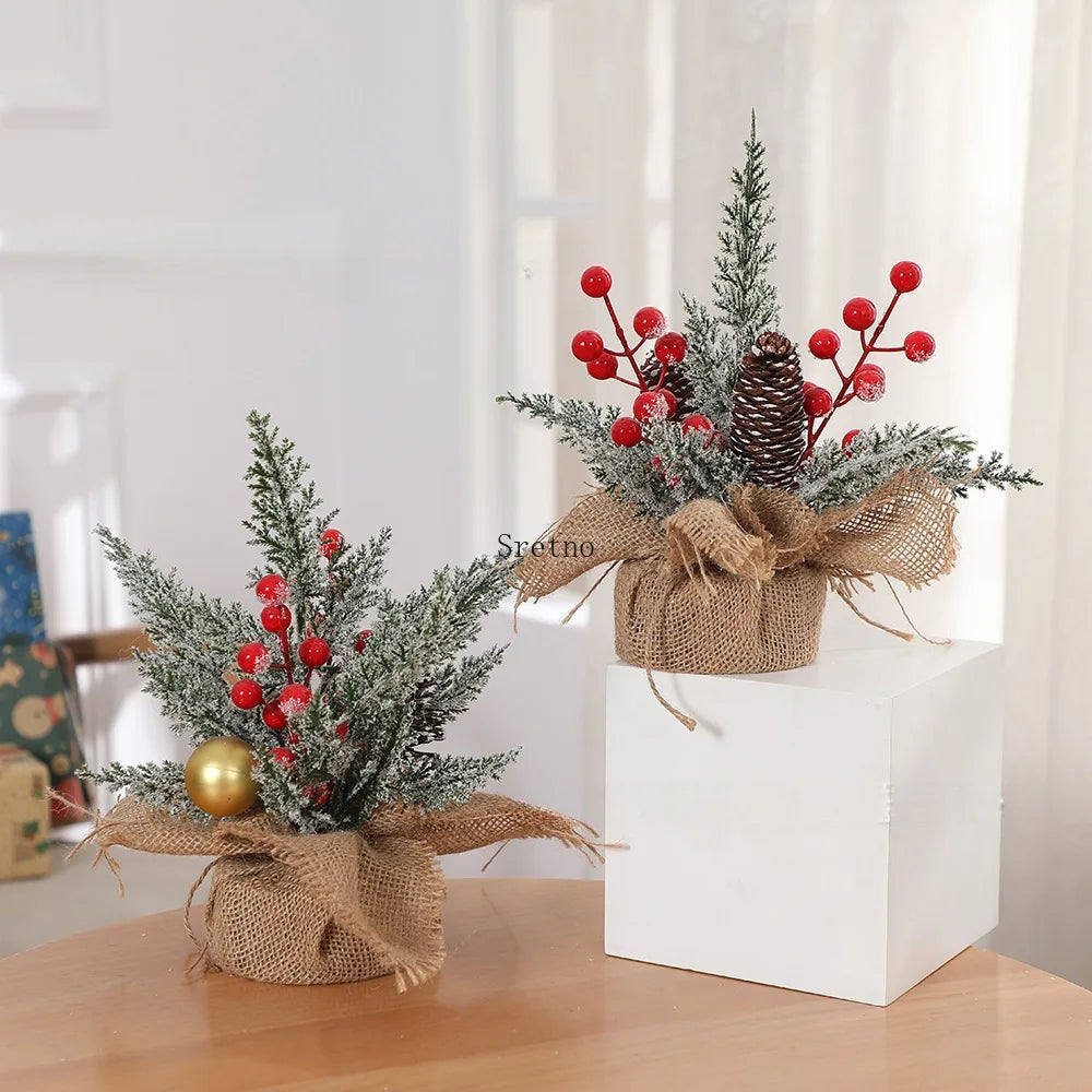 SRETNO Mini Christmas Trees Desktop Ornament Red Fruit Pine Pagoda Artificial Plants Christmas Decorations Arbolitos De Navidad