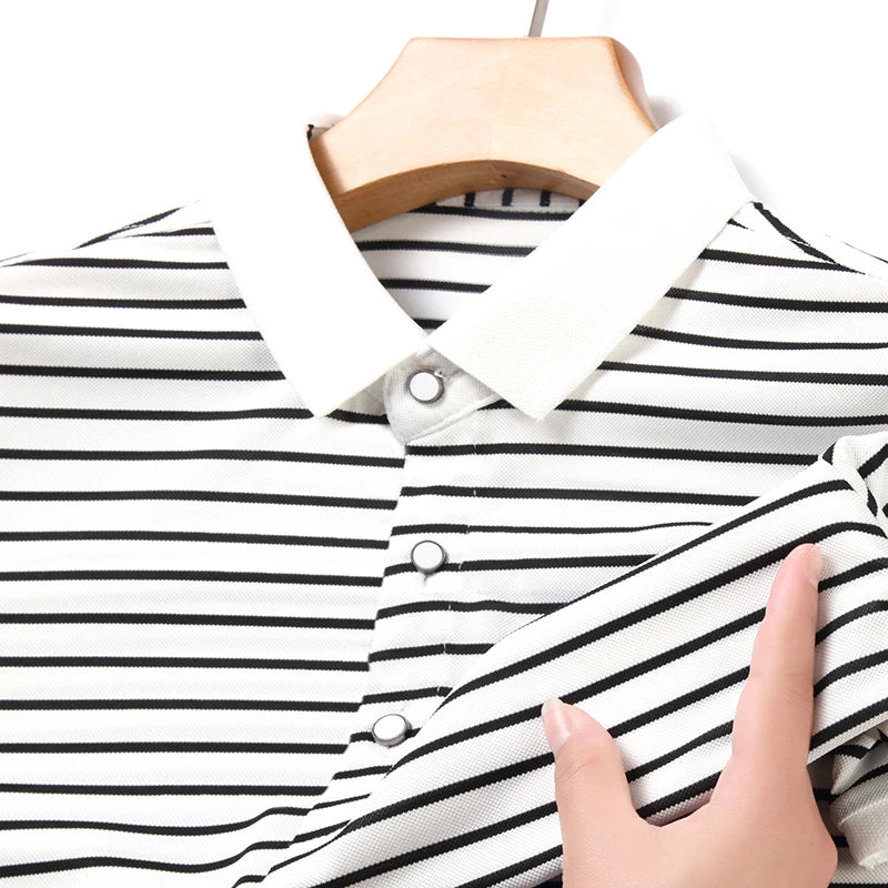 2026 Men's New Striped Cotton Business Casual Short Sleeved POLO Shirt Fashion Short Sleeved Comfortable and Breathable Top