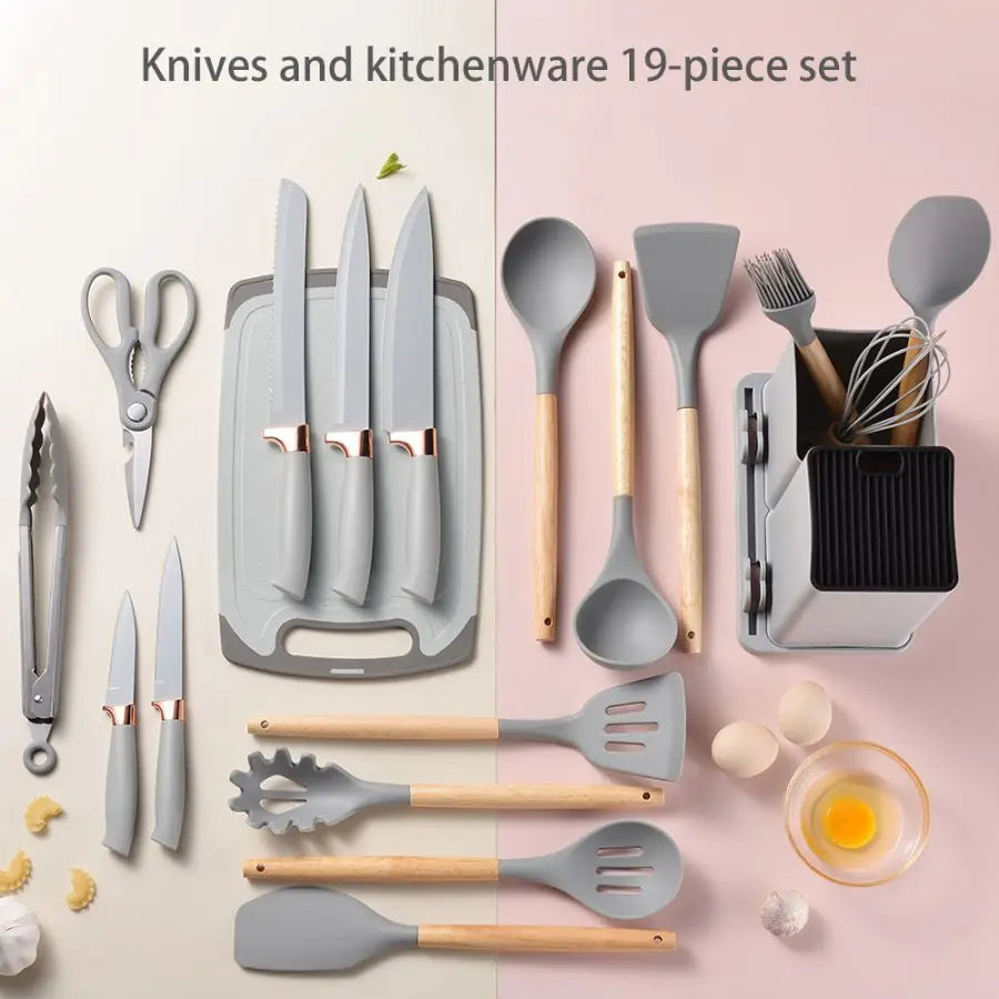 19pcs Food Grade Silicone Brodark Kitchenware Set, Cooking Spoon, Shovel, Cutting Board, Fruit Knife, Chef Knife, Combination Se - You Offer