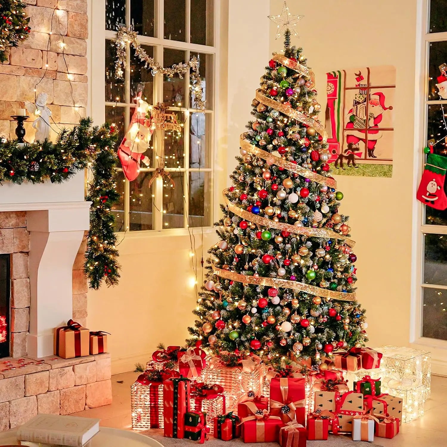 7.5 ft Prelit Christmas Tree, 350 Warm White Lights, 1446 Branch Tips, Metal Stand