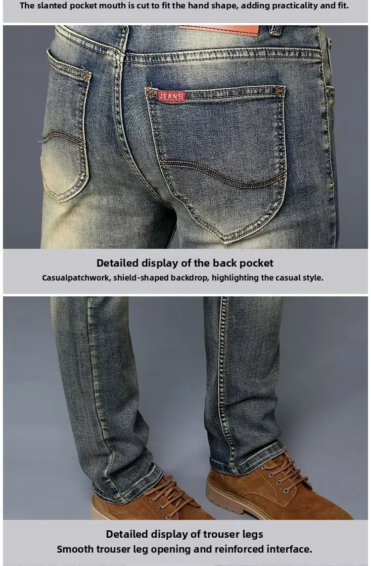 High-End Retro Men's Slim Fit Straight Leg Stretchy Faionable Jeans Spring Autumn Long Trousers Cotton Stretch Denim mid Wa...