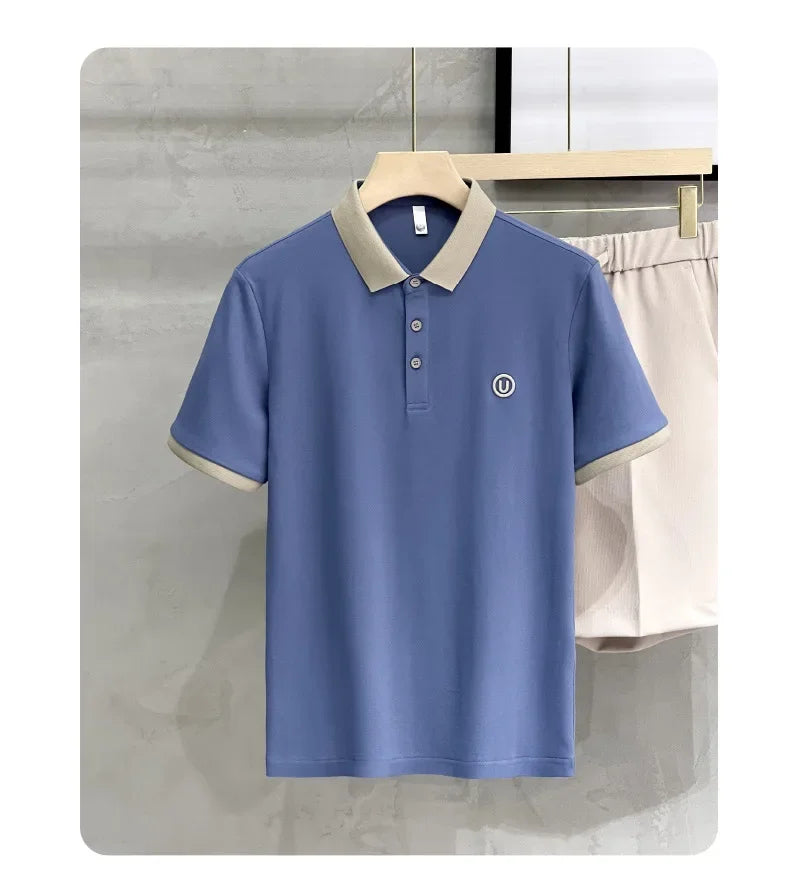 Ice silk short-sleeved T-shirt for men, new summer high-end embroidered luxurious silky quick-dry breathable polo shirt.