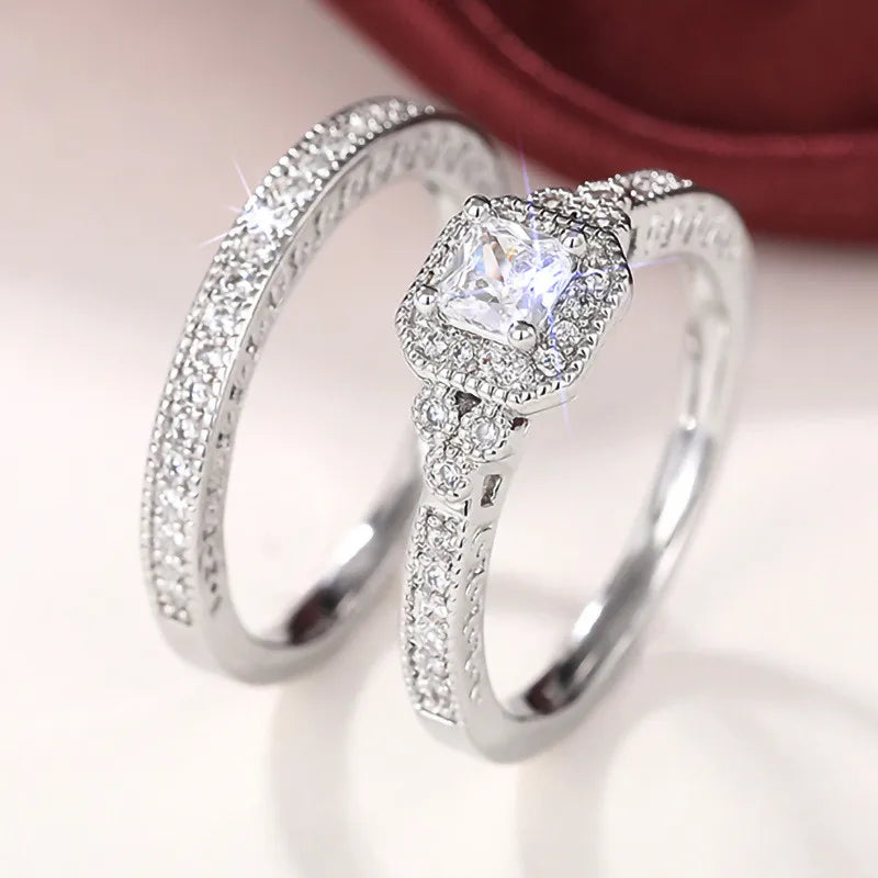 925 Sterling Silver Set Rings for Women 2Pcs Luxury Cubic Zircon Wedding Accessories Temperament Elegant Female Jewelry - You Offer