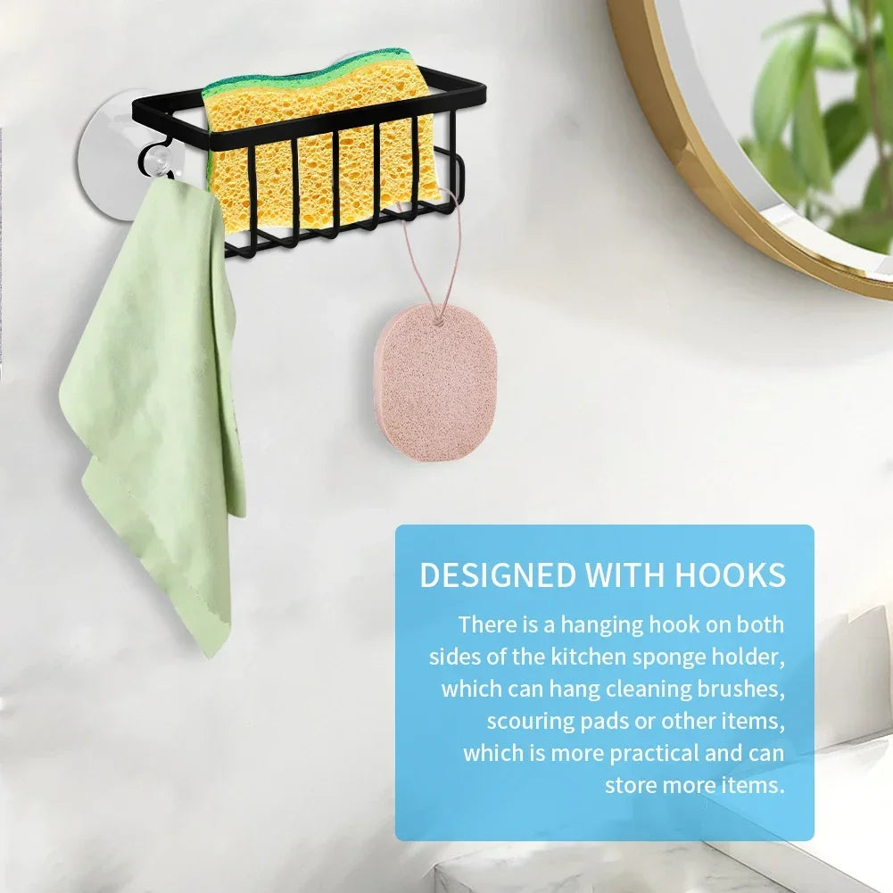 Home With Hook Draining Durable Soap Black Kitchen Sink Scrubber Countertop Sponge Holder Hollowed Suction Cup Caddy Organizer - You Offer