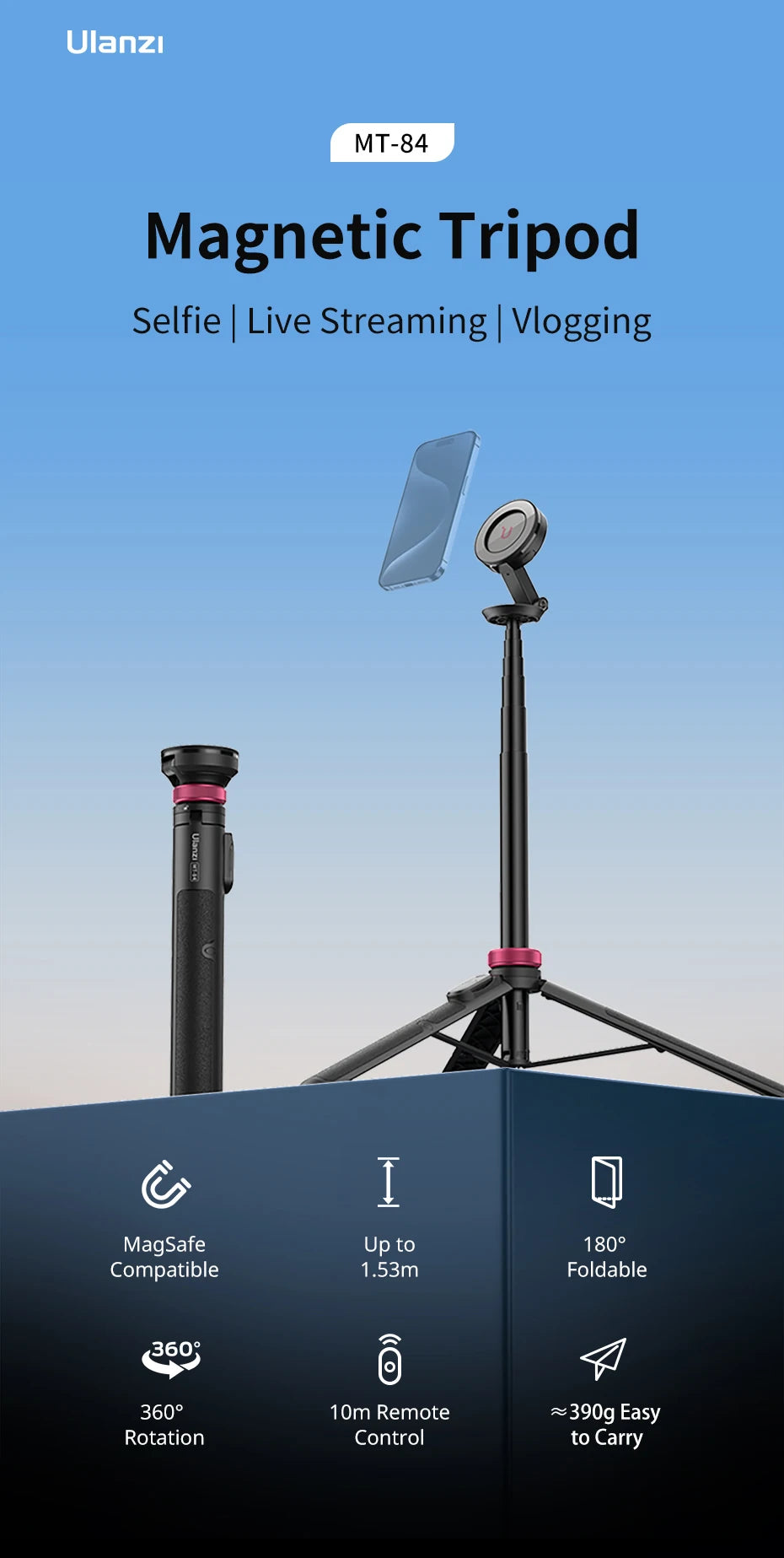 Ulanzi MT-84 1.53m Magnetic Tripod 360° Rotation Smartphone Extension Tripod for Selfie Live Streaming Vlog 10m Remote Control