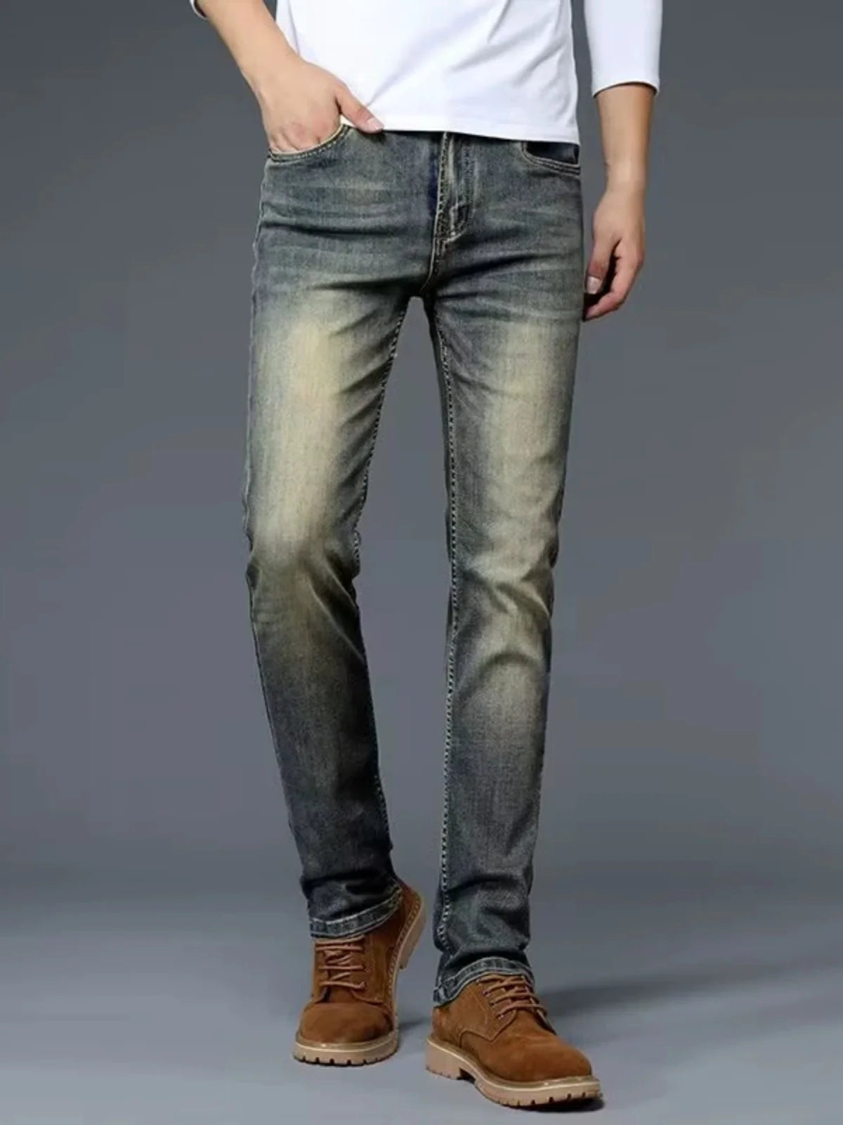 High-End Retro Men's Slim Fit Straight Leg Stretchy Faionable Jeans Spring Autumn Long Trousers Cotton Stretch Denim mid Wa...