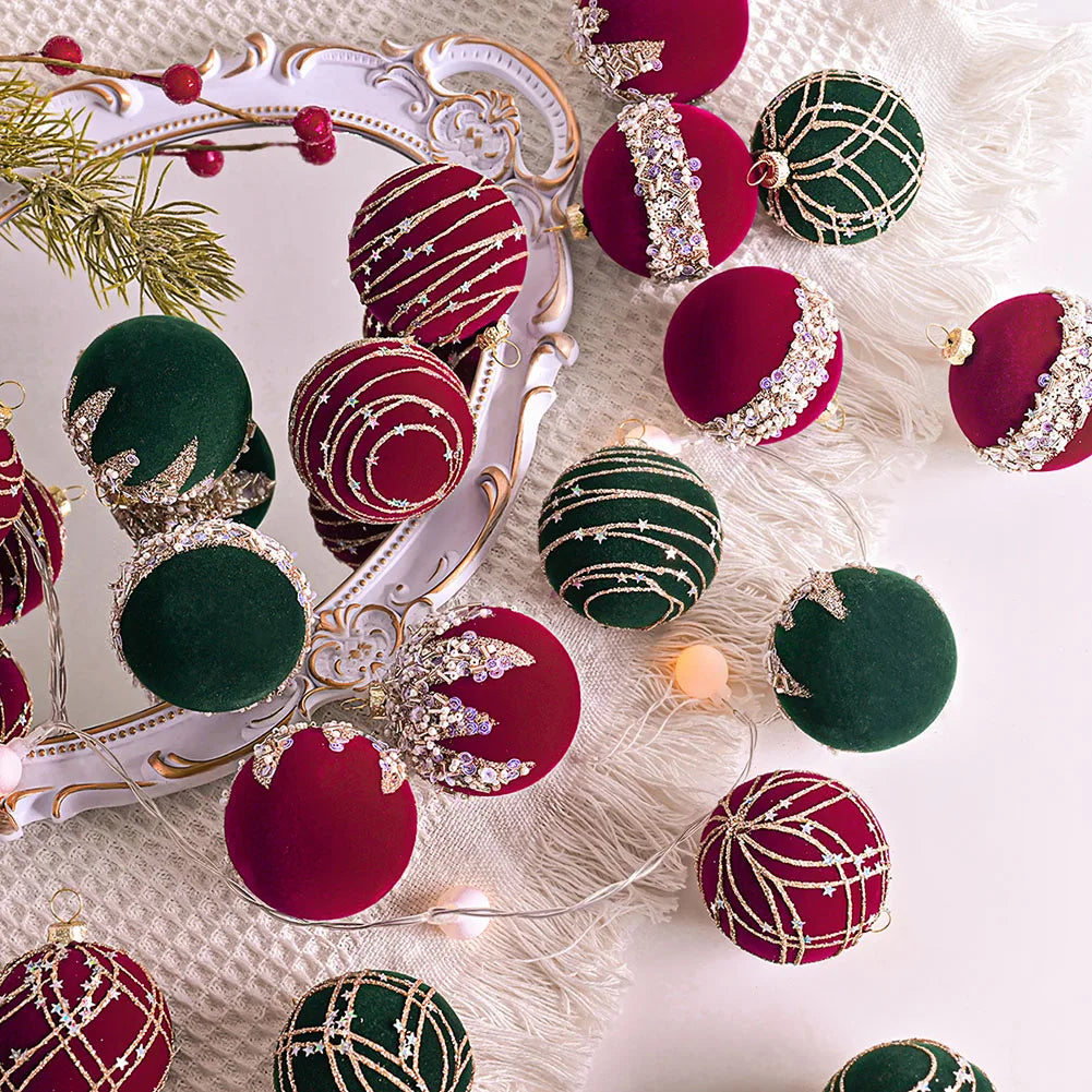 6CM 12PCS Premium Flocking Velvet Diamond Sequin Christmas Ball Window Hanging Home Christmas Decoration