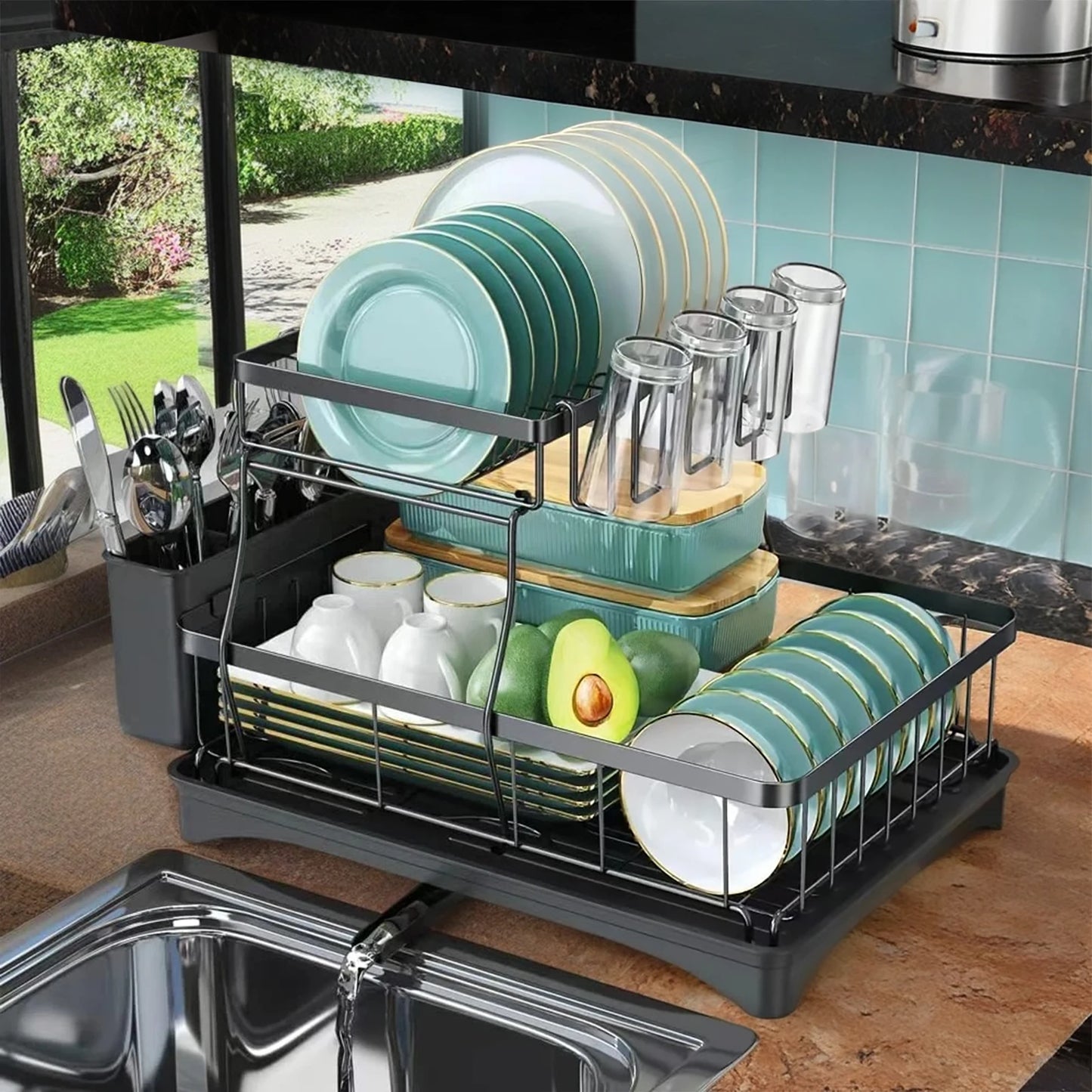 Large 2-tier dish drying rack for kitchen countertops, removable large-capacity dish draining rack - You Offer