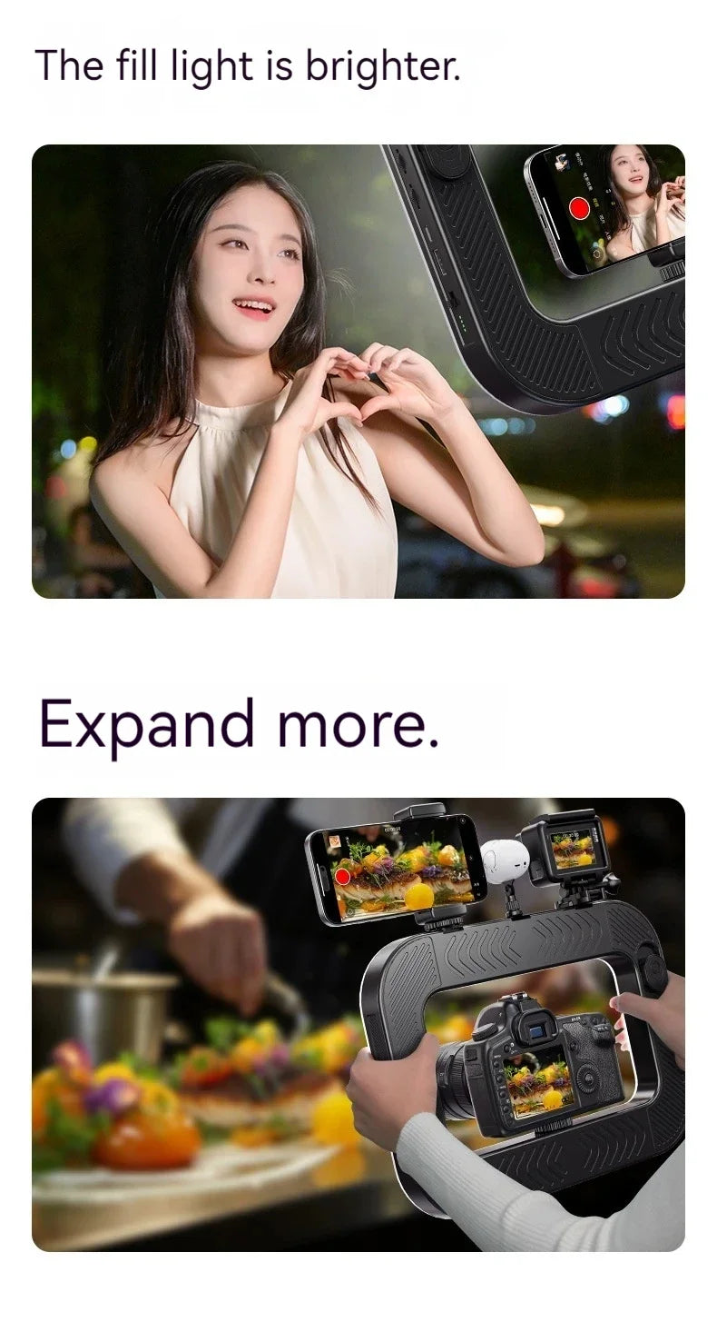Smartphone Video Rig with Light Cell for Filmmaking Live YouTube Tiktok Video Recording Handheld Stabilizer Ring Light