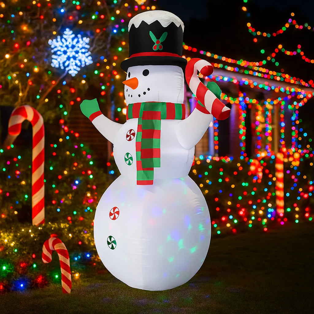2.4M/7.8FT Inflatable Christmas Snowman with Candy Cane Lights LED Home Holiday Lighting Decoration Yard Xmas Ornaments Supplies