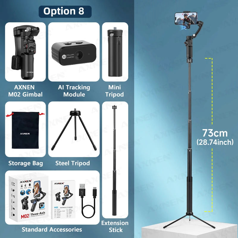 AXNEN M02 Gimbal Smartphone Stabilizer 3-Axis Anti-shake Video Record Handheld Selfie Gimbals for iPhone Android Face Tracking