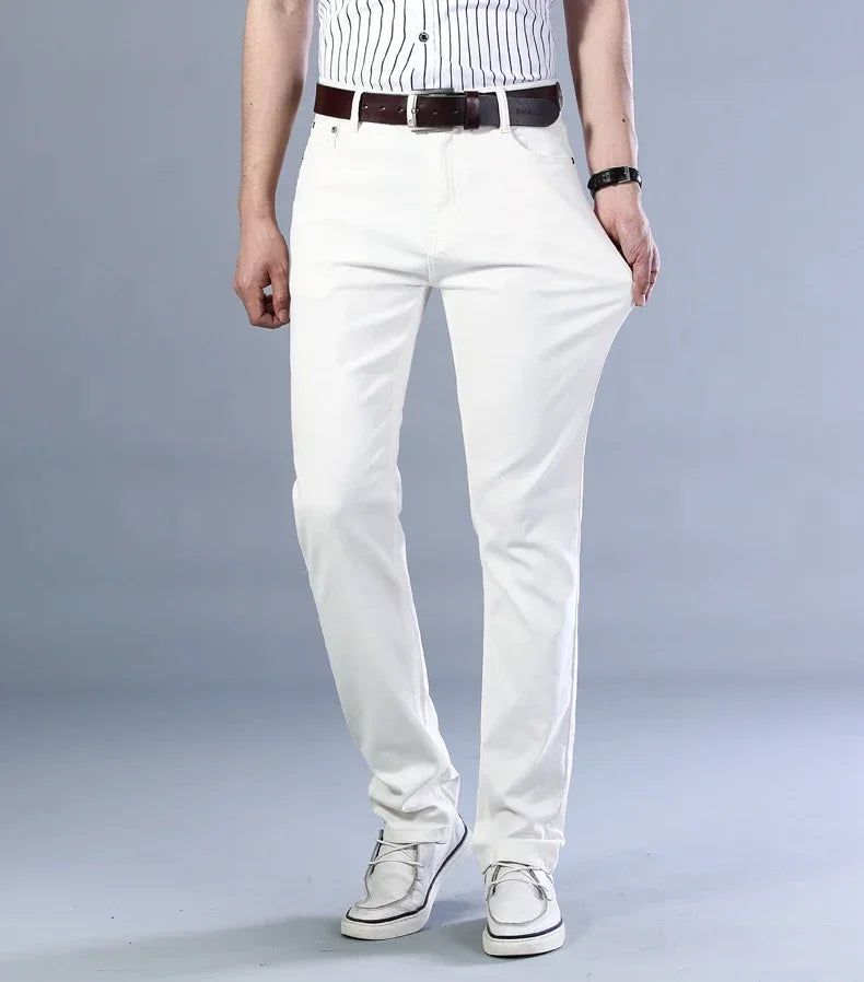 Men's Jeans Pure White Fashion Elastic Slim Youth Slimming Straight Leg Male Pants Business Casual Middle Age High End Trousers - You Offer