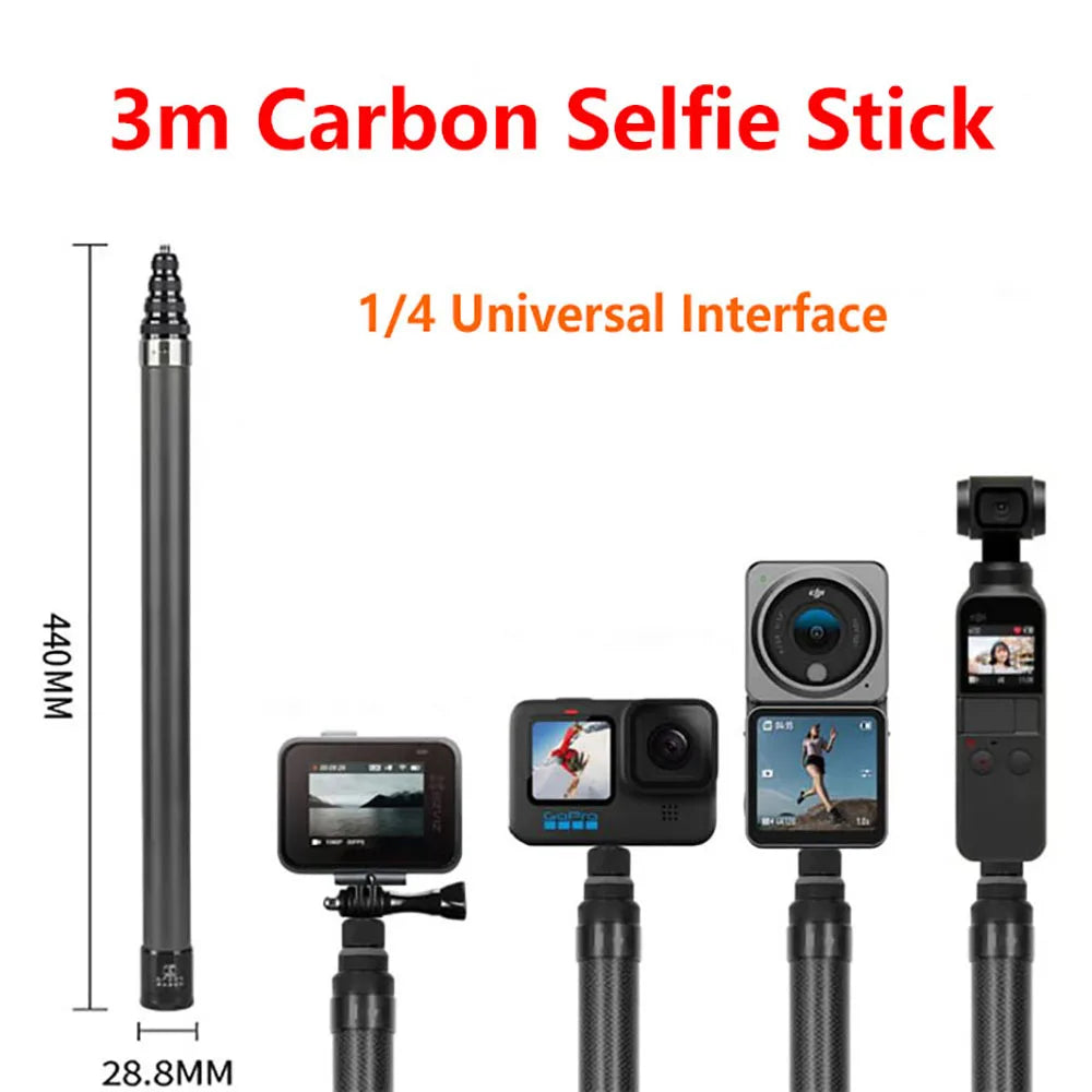3m Carbon Selfie Stick Action Camera Scalable Long Invisible Selfie Stick With 1/4 Universal Interface For Insta360 X5 DJI Gopro