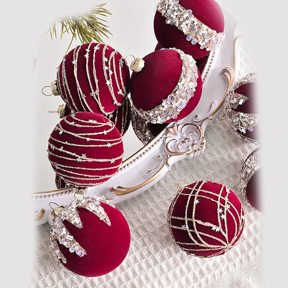 6CM 12PCS Premium Flocking Velvet Diamond Sequin Christmas Ball Window Hanging Home Christmas Decoration