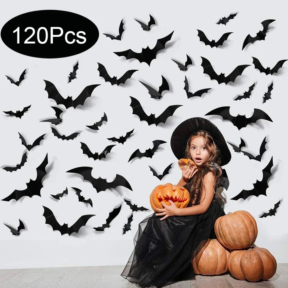 120 Pcs Halloween Bat Decorations Indoor PVC 3D Scary Bats Wall Decor Stickers 4 Sizes DIY Halloween Decals for Party Supplies