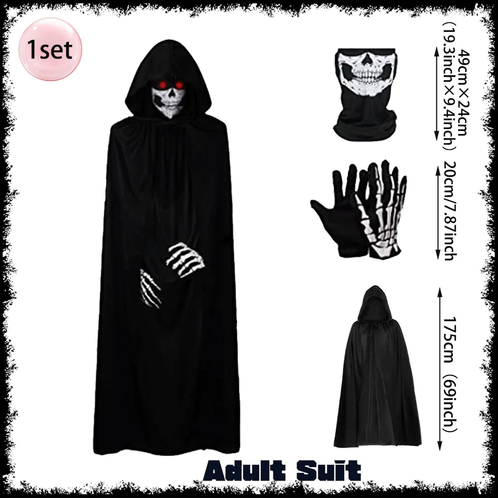 Horror Halloween Grim Reaper Hooded Cloak Skull Scarf Night Glow Gloves Ghost Head Scythe Adult Kids Scary Halloween Decorations