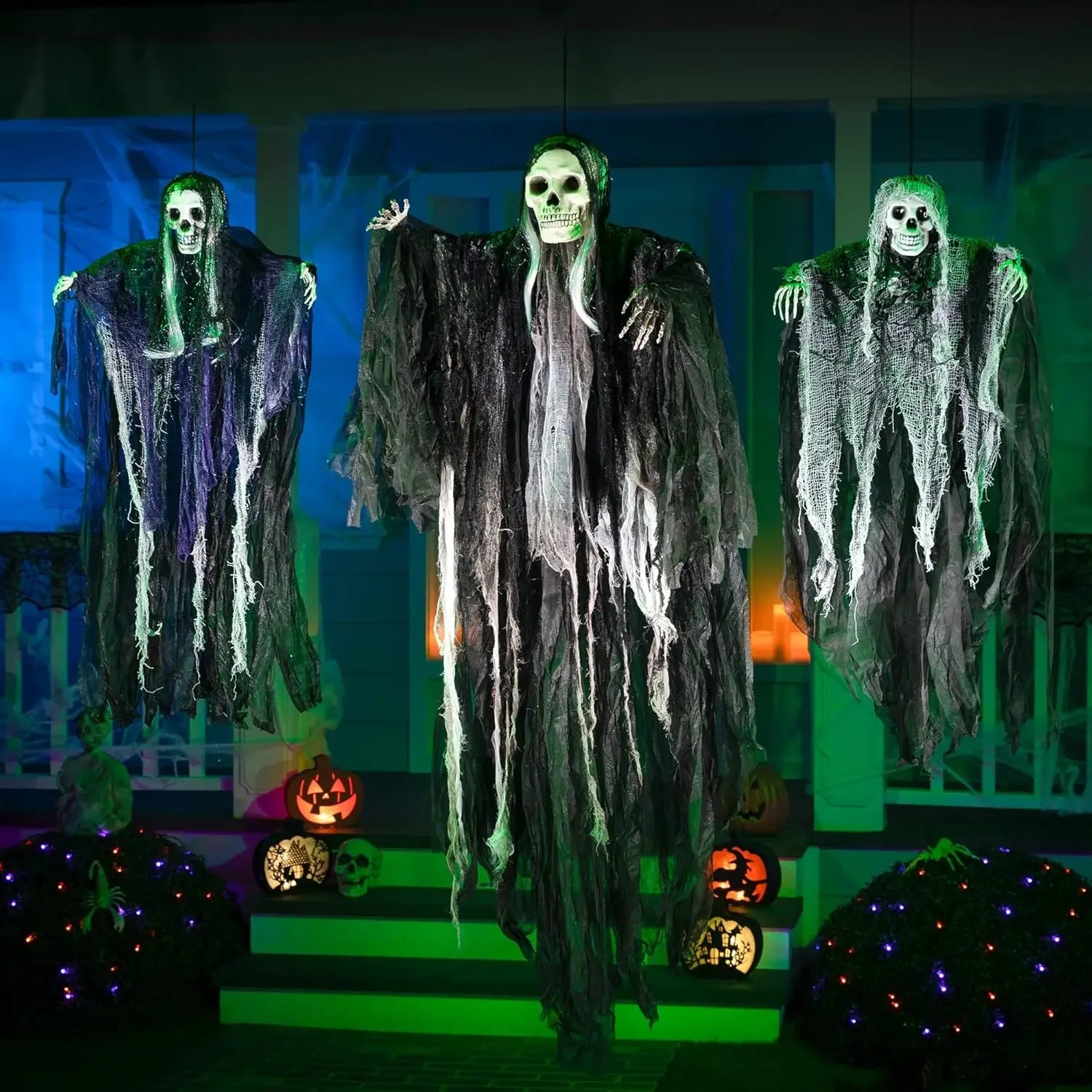 Hanging Halloween SkeletonGhosts Decorations Grim Reapers for Halloween Outdoor Halloween Sound Control Light Up Ghost