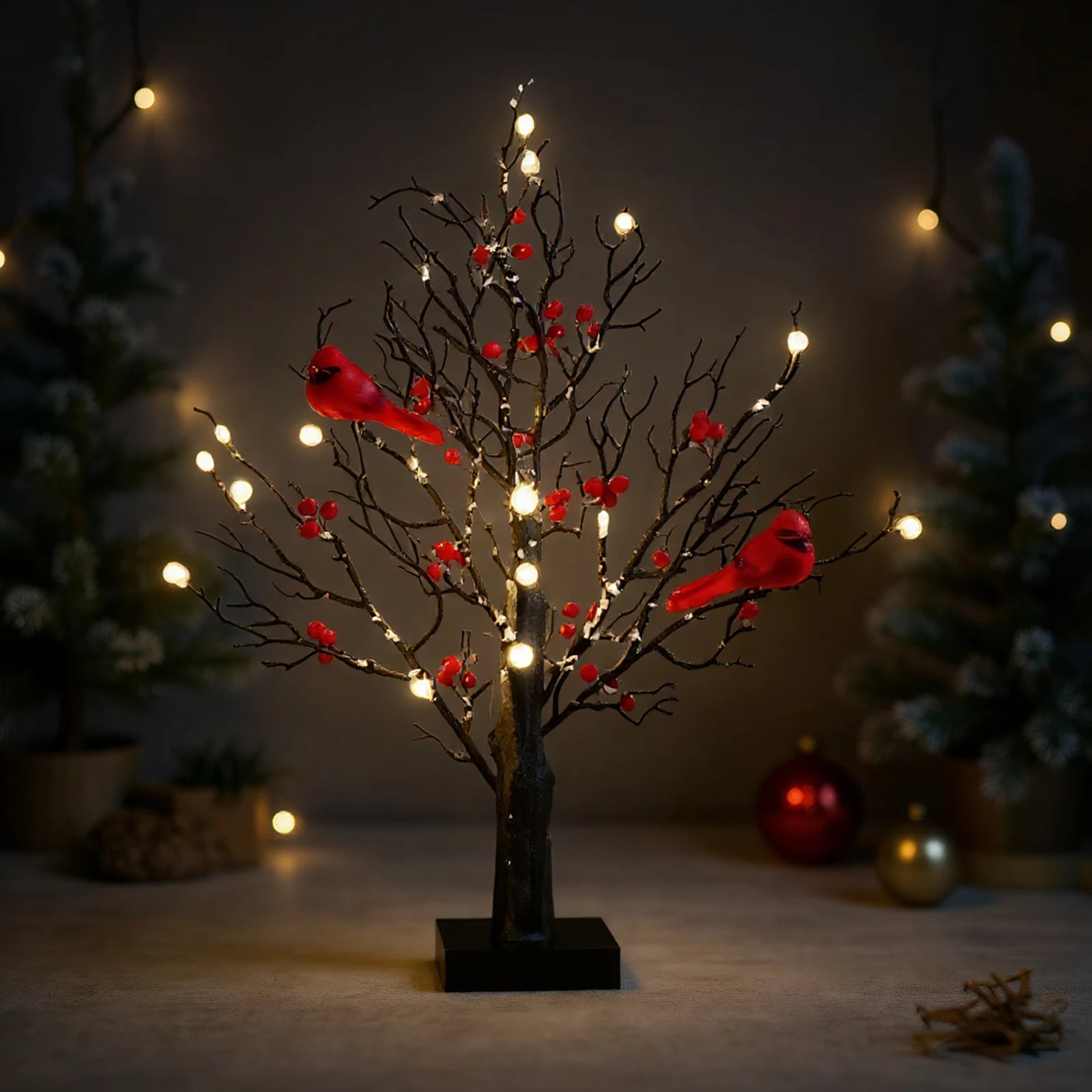 Red Bird Tree Light LED Cardinal Little Red Bird Table Decoration Twinkle Tree Lamp for Holiday Home Xmas Decor