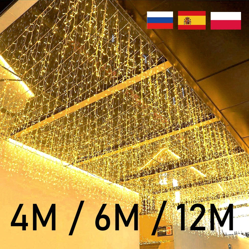 4/6/12M LED Icicle String Lights Fairy Curtain Christmas Lights Garland For Outdoor Garden Party Home Street 2025 New Year Decor