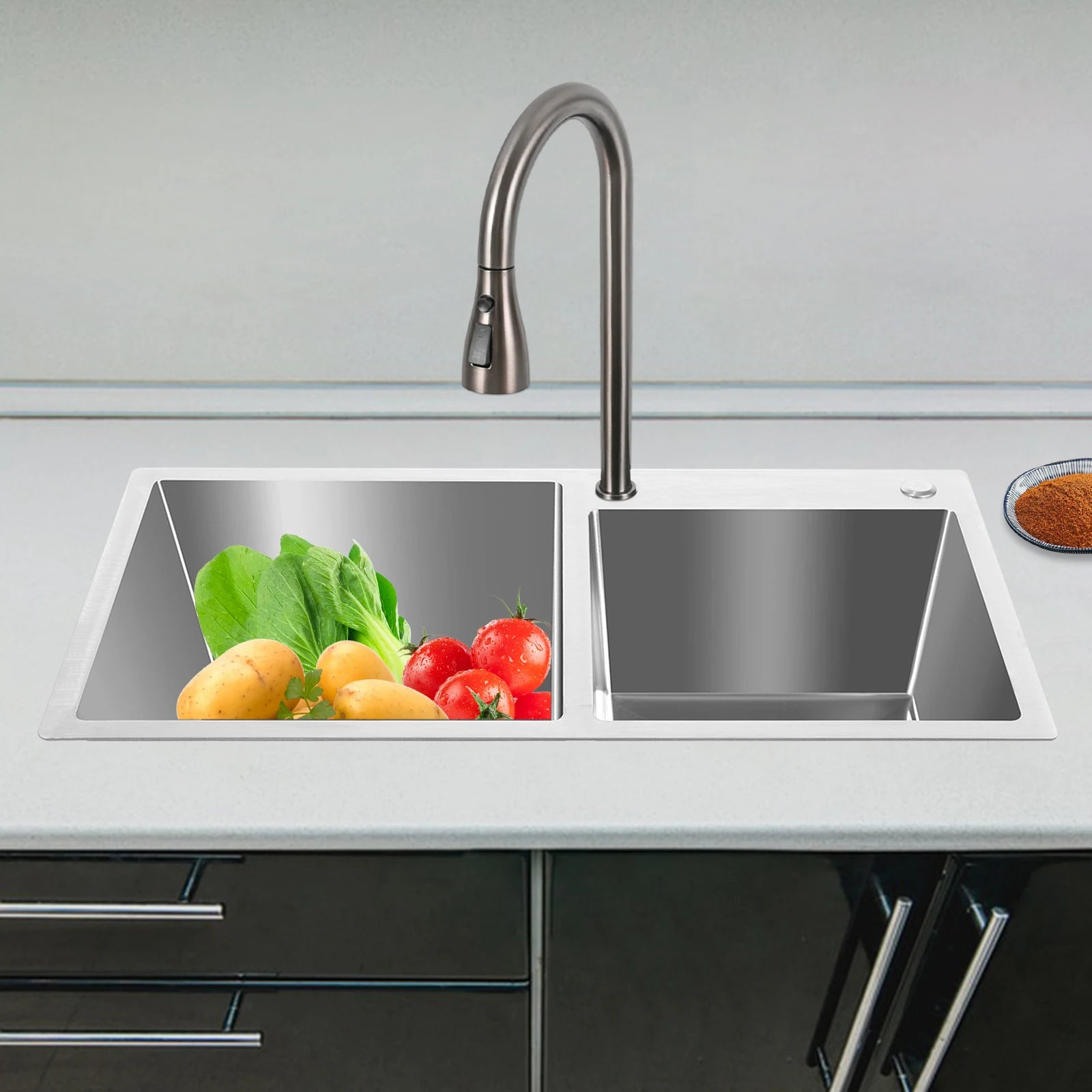 Double Basin Stainless Steel Sink w/ Drainer 30L+23L Capacity 201 Grade, Bathroom Kitchen Accessories Household Items - You Offer