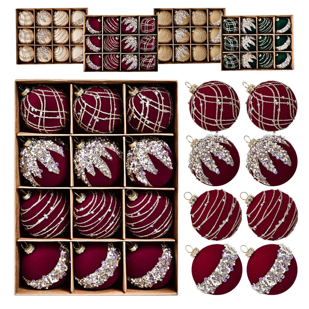 6CM 12PCS Premium Flocking Velvet Diamond Sequin Christmas Ball Window Hanging Home Christmas Decoration