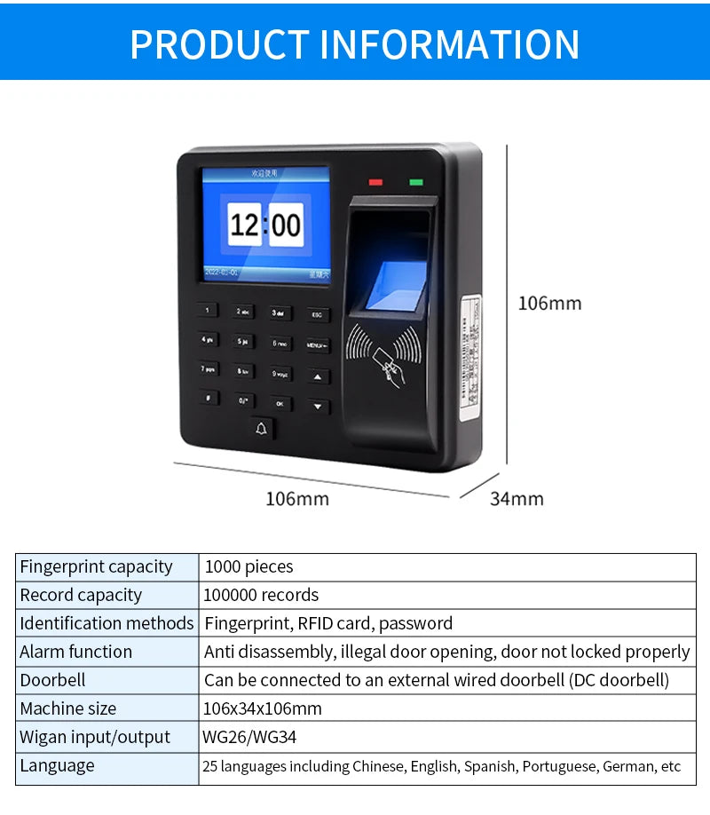 125Khz RFID Biometric Fingerprint Time Attendance Clock Recorder Employe Recognition Check in Time Recording Door Access Control