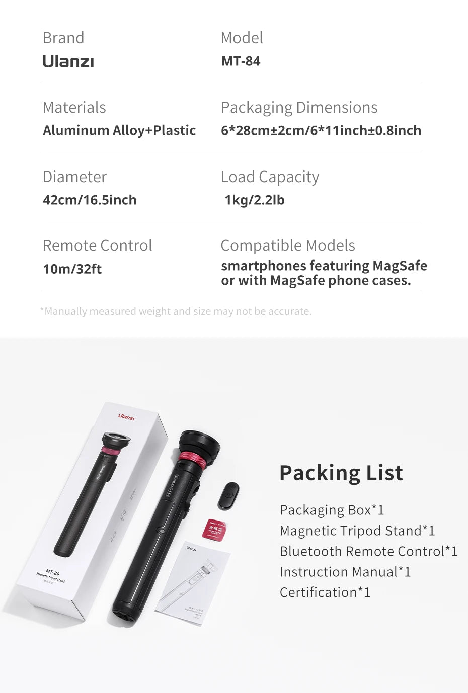 Ulanzi MT-84 1.53m Magnetic Tripod 360° Rotation Smartphone Extension Tripod for Selfie Live Streaming Vlog 10m Remote Control