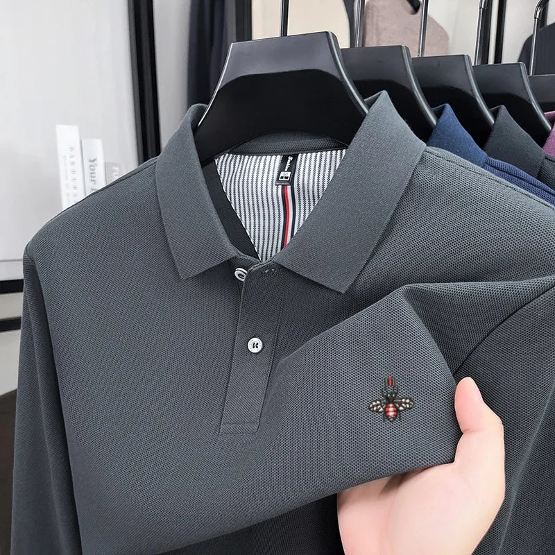 100% pure cotton high-end luxury brand men's long sleeved polo shirt autumn fashion hot selling bee embroidery casual T-shirt
