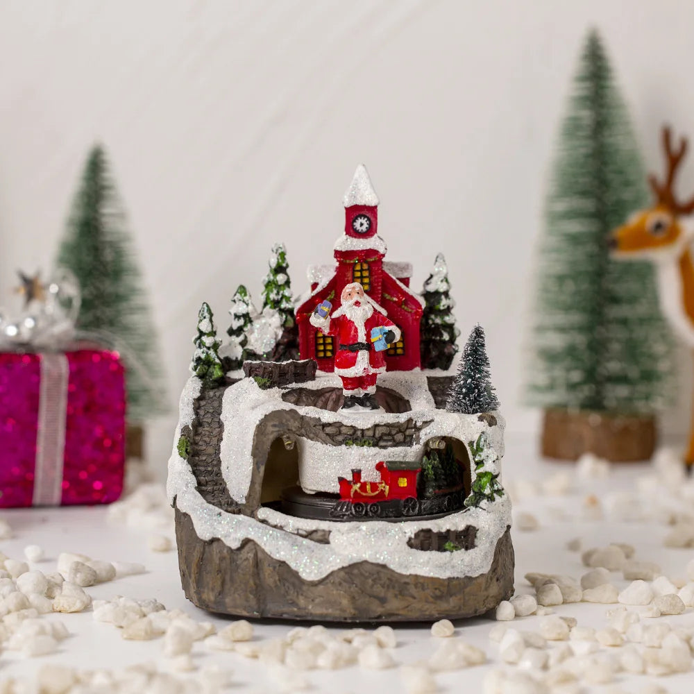 Christmas House Village Electric Music Box Glowing Christmas Snow Village Santa Claus House Miniature Ornaments Xmas Decor
