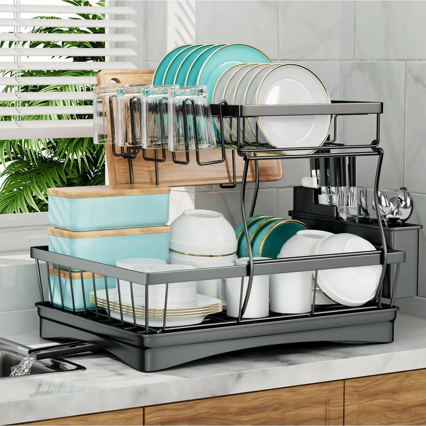 Large 2-tier dish drying rack for kitchen countertops, removable large-capacity dish draining rack - You Offer