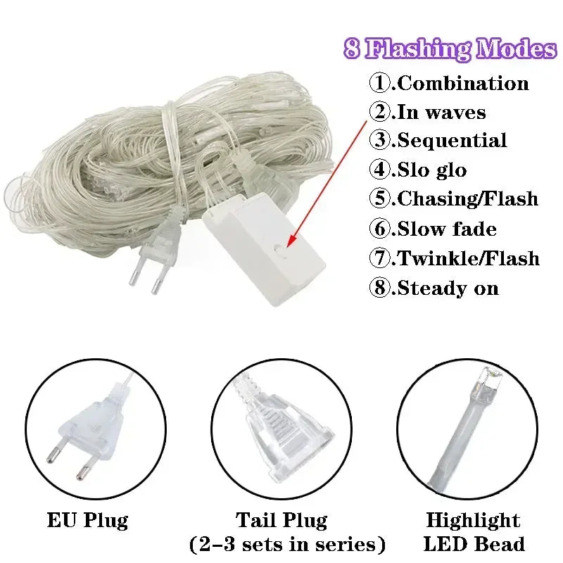 Room Decoration Curtain LED Net Mesh Fairy Lights String EU Plug 220V Christmas Wedding Garland for Bedroom Garden Wall outdoor
