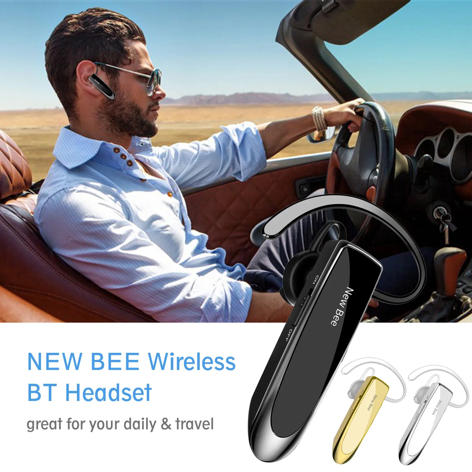 NEWBEE Single Wireless Bluetooth Headset Earphone Noise Cancelling Mic Sports Headphone Hands-Free Earbuds 24 Hrs Driving Office