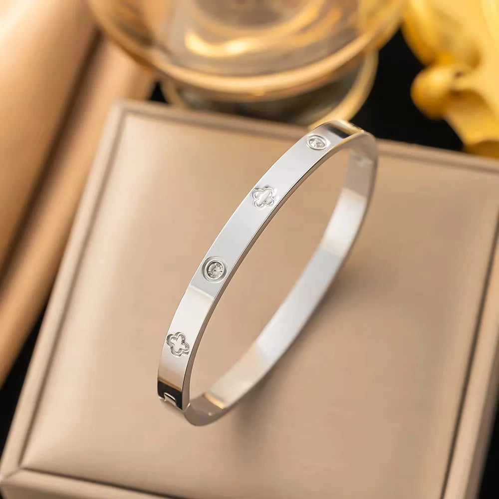 Trendy Shining Zircon Bracelets For Women Clover Print Love Pulseiras Stainless Steel Bangles Feminina Jewelry Gift - You Offer