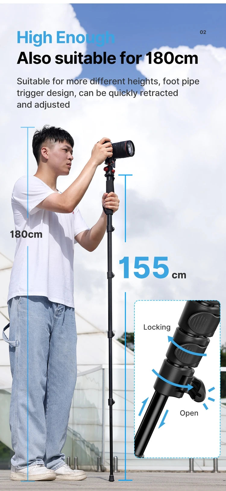 Ulanzi TB12 Monopod Extendable Camera Tripod Load 5kg 155cm/61”  Phone Selfie Stick 1/4" Mount for Sony Canon Nikon Camera DSLR