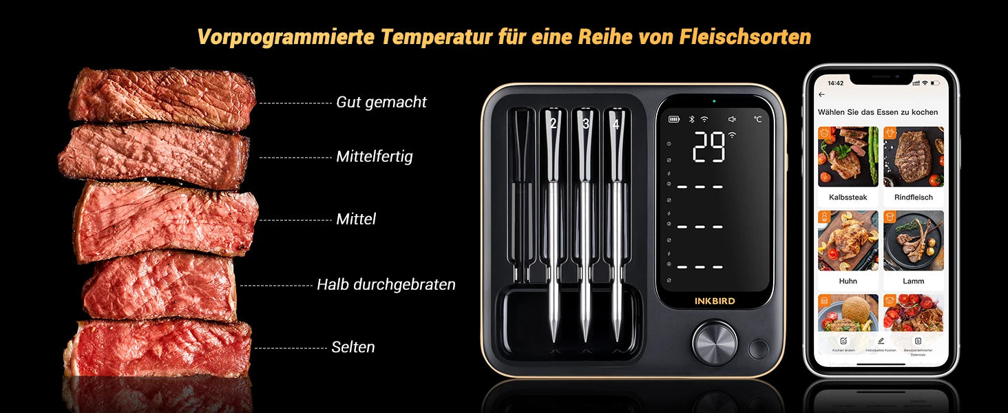 INKBIRD INT-11I-B Wireless Meat Thermometer, Bluetooth 5.4 1000ft,1s Response, IP67, 26 Presets, LED Display,for BBQ/Grill/Party