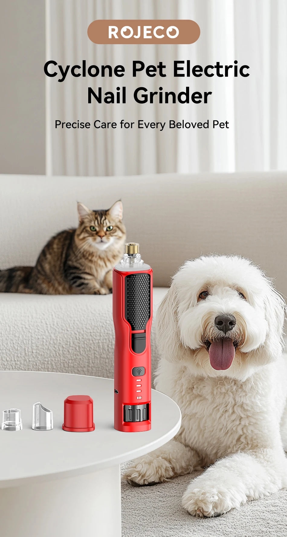 ROJECO Electric Pet Nail Grinder Dog Cat Rechargeable Nail Clippers LED Light Pet Claw Nail Grooming Trimmer Accessories