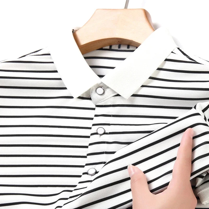 2026 Men's New Striped Cotton Business Casual Short Sleeved POLO Shirt Fashion Short Sleeved Comfortable and Breathable Top