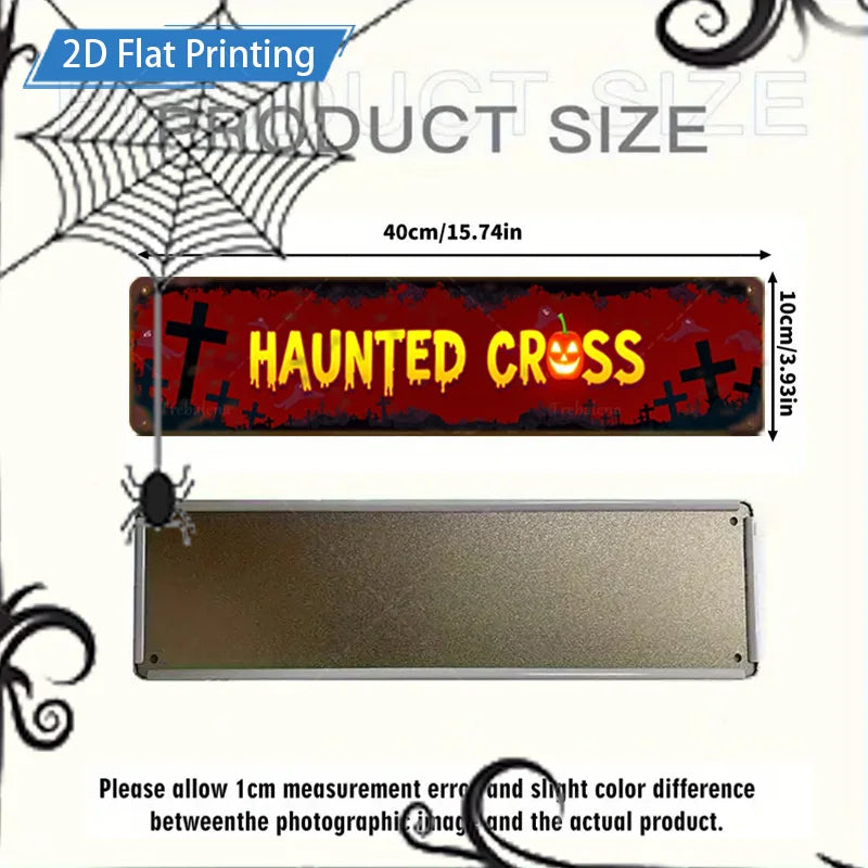 1pc 8x12inch Metal Sign Haunted Cross Halloween Sign - Spooky Pumpkin & Bat Decor for Yard