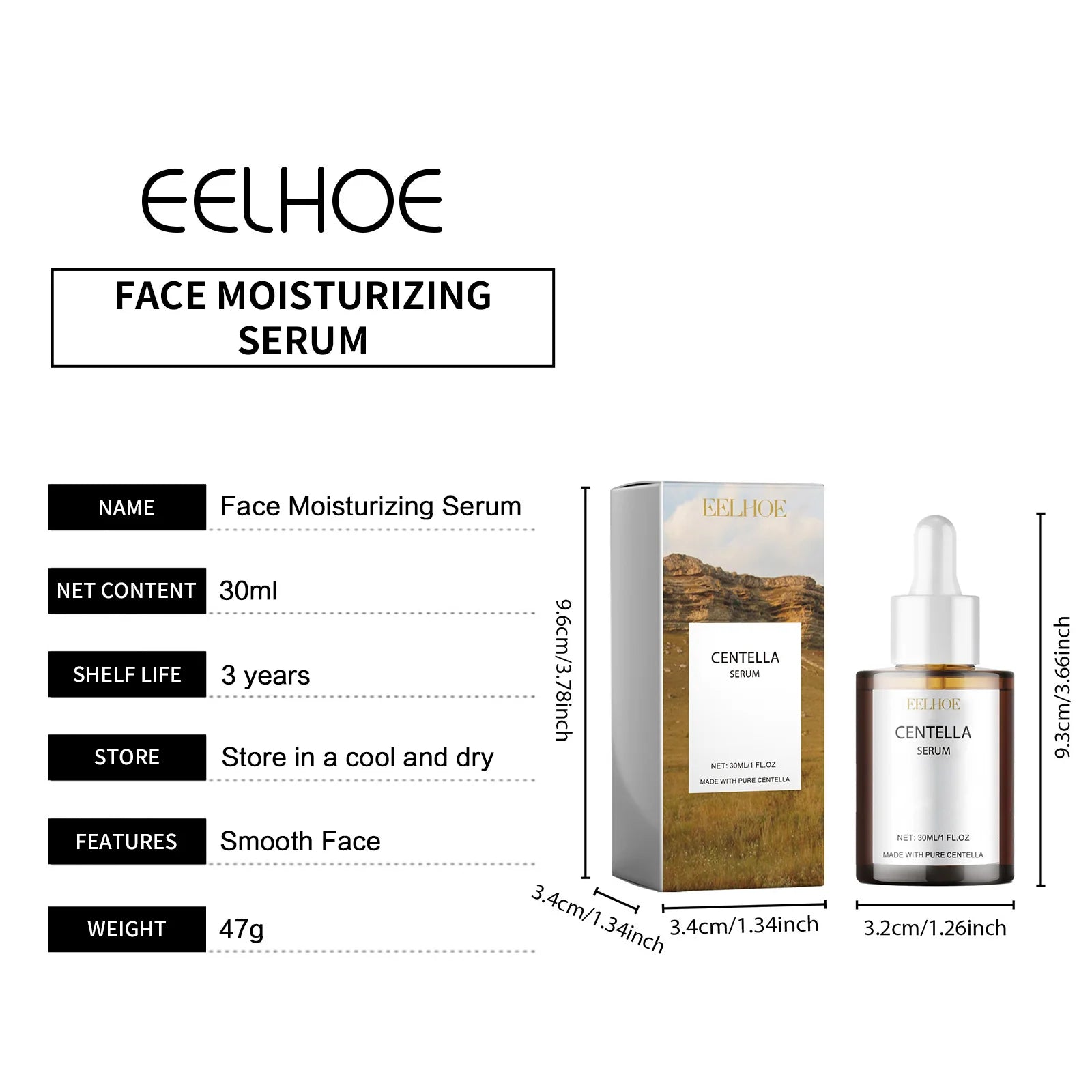 EELHOE Centella Serum Deep Hydration Pore Shrinking Smooth Moisturizing Facial Skin Rejuvenation Hyaluronic Acid Face Serum 30ml