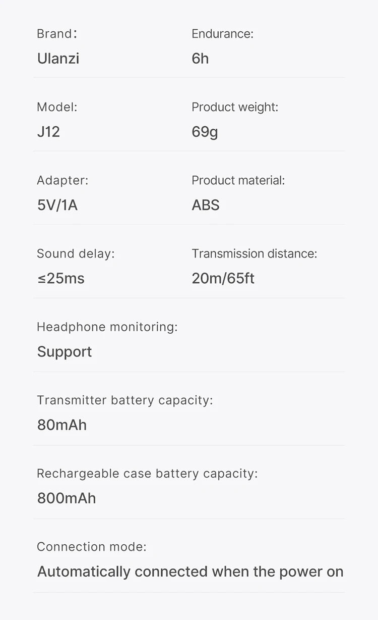 Ulanzi J12 Wireless Lavalier Microphone Audio Video Recording Mini Mic Plug Play For Smartphone Android iPhone Live Broadcast