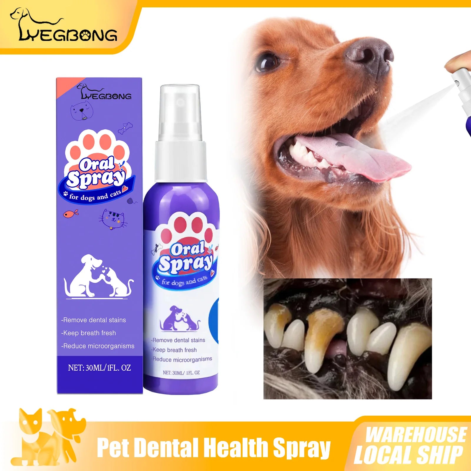 30ml Pet Oral Health Spray Dental Stain Cleaning Cats Dogs Teeth Grooming Plaque Tartar Remover Freshen Breath Healthy Oral Care