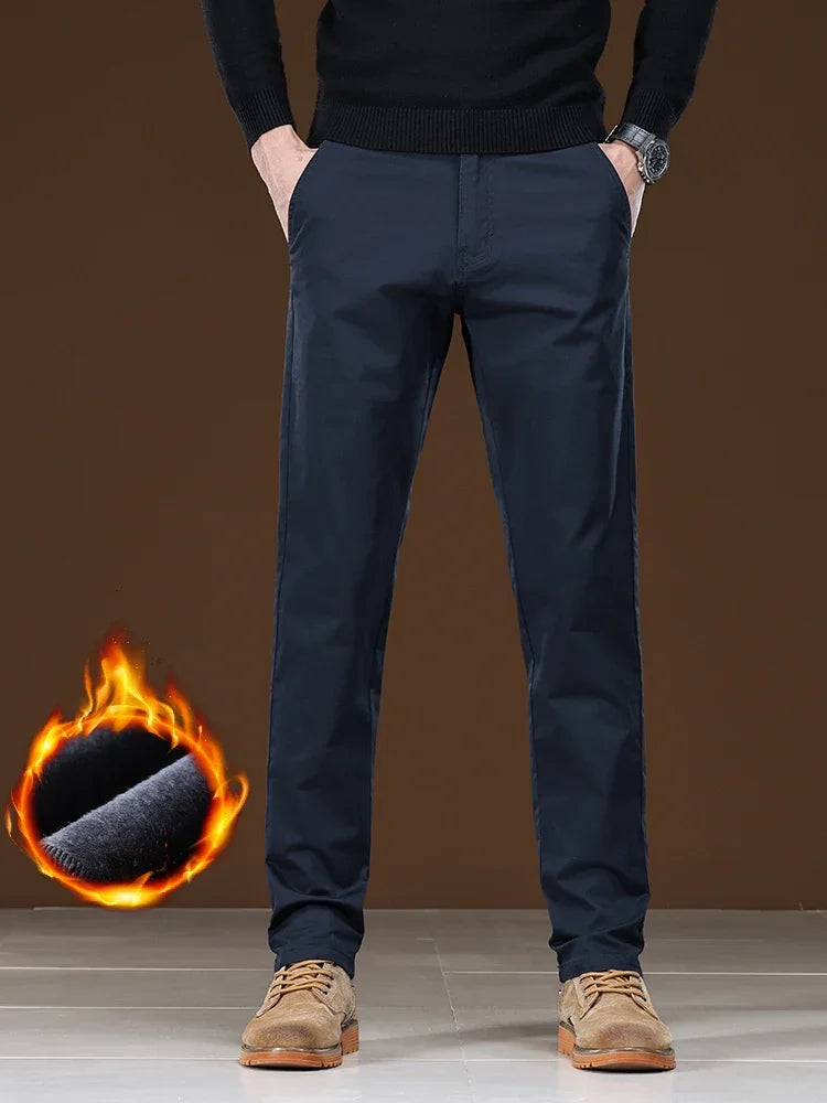 Winter Fleece Men's Casual Pants Business Straight Thick Warmth Fashion Velvet Trousers Classic Solid Color Slim Plush Pants
