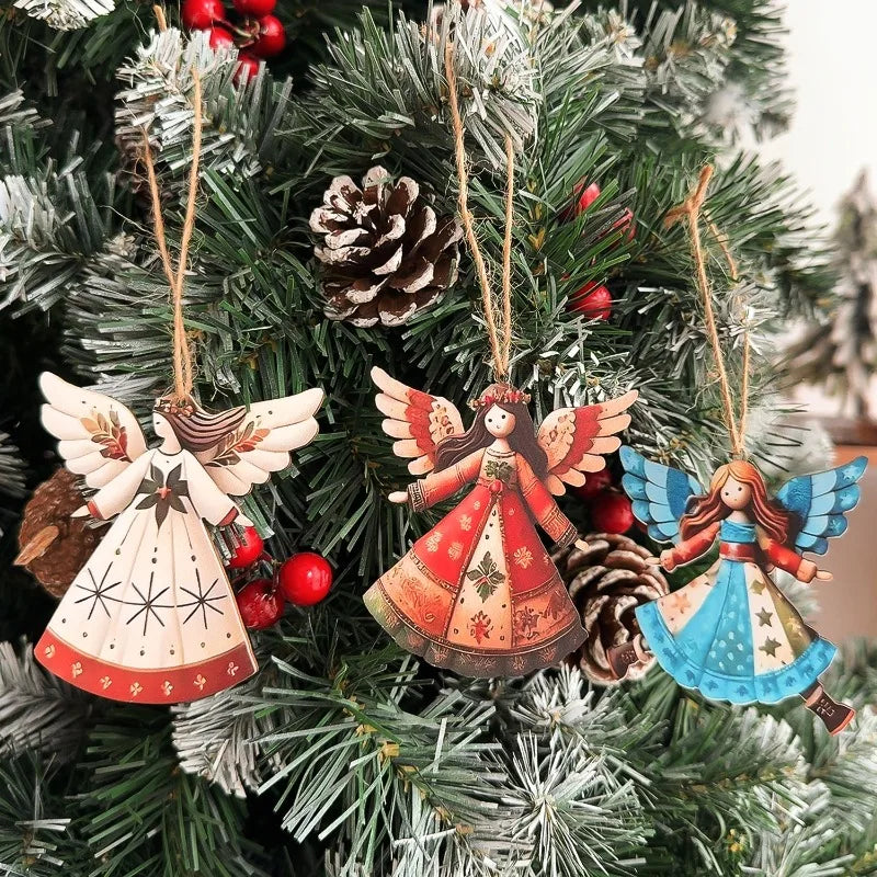4/40pcs Christmas Tree Hanging Pendant Angels Doll Pendant Wooden Angels Decorations for Christmas Party New Year Wedding Decor