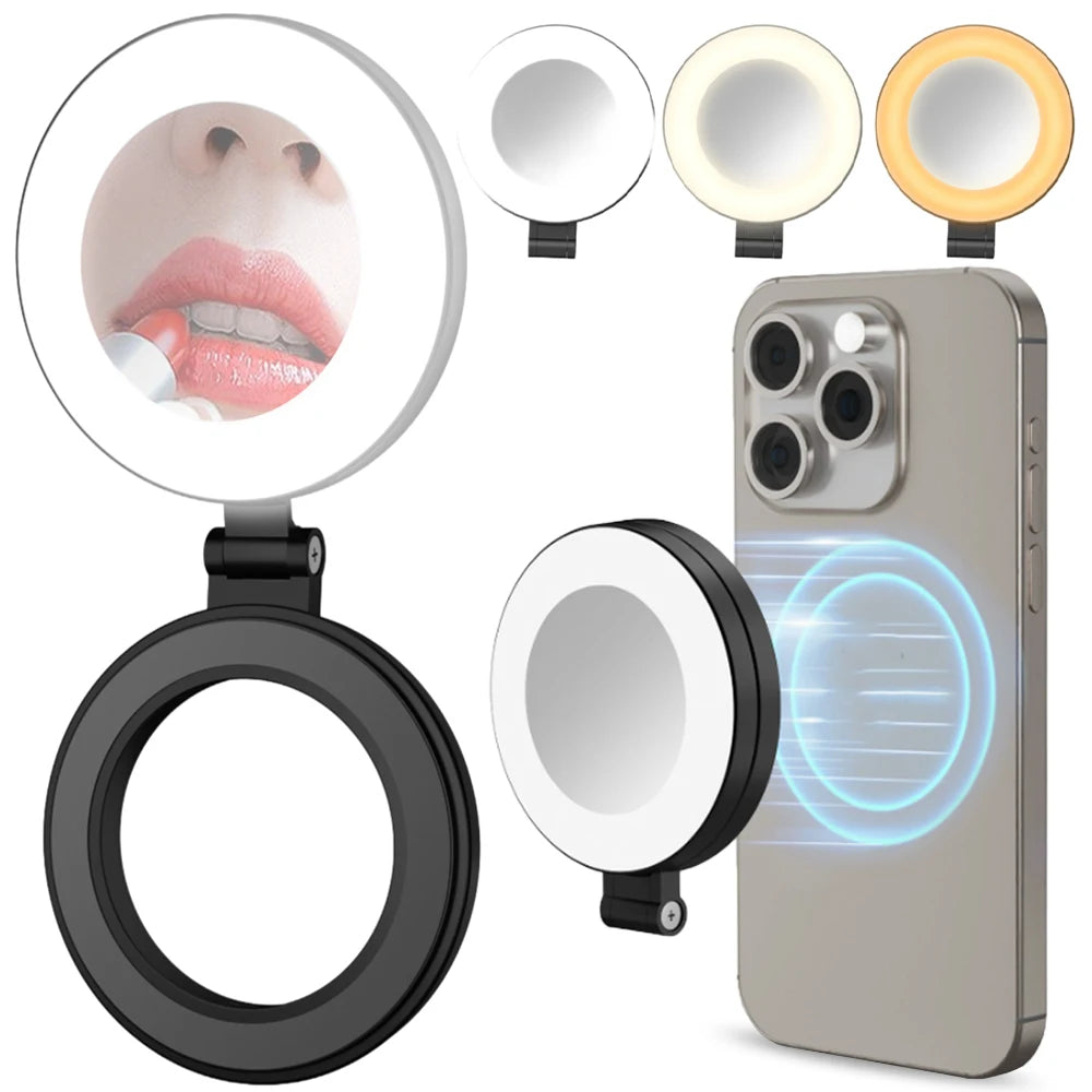Adjustable Brightness Magnetic Ring Selfie Lights Suitable for Magsafe IPhone Foldable LED Phone Flashes with Mirror