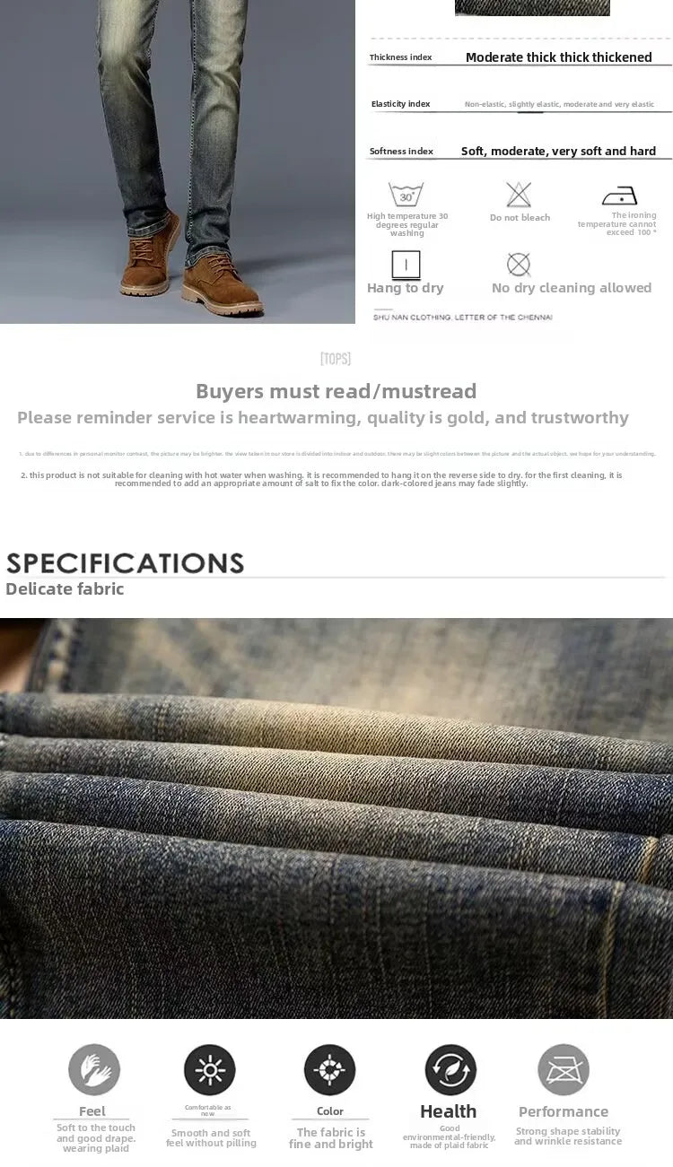 High-End Retro Men's Slim Fit Straight Leg Stretchy Faionable Jeans Spring Autumn Long Trousers Cotton Stretch Denim mid Wa...