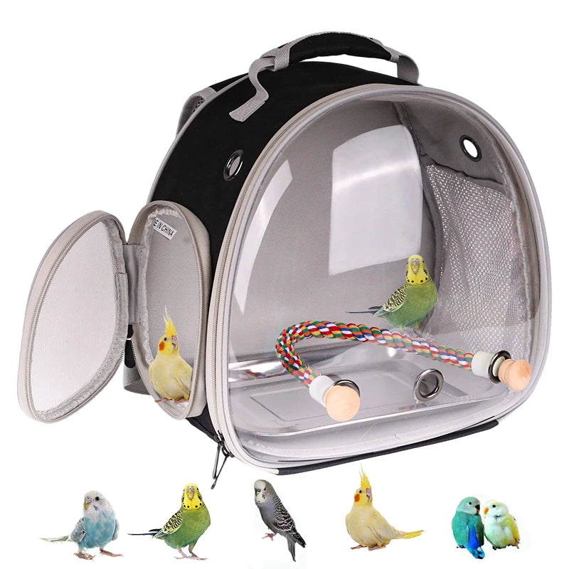 Bird Cage Parrot Travel Carrier Backpack with Rope Perch Stainless Steel Tray Clear Bubble Space Capsule Birds Pet Accessories