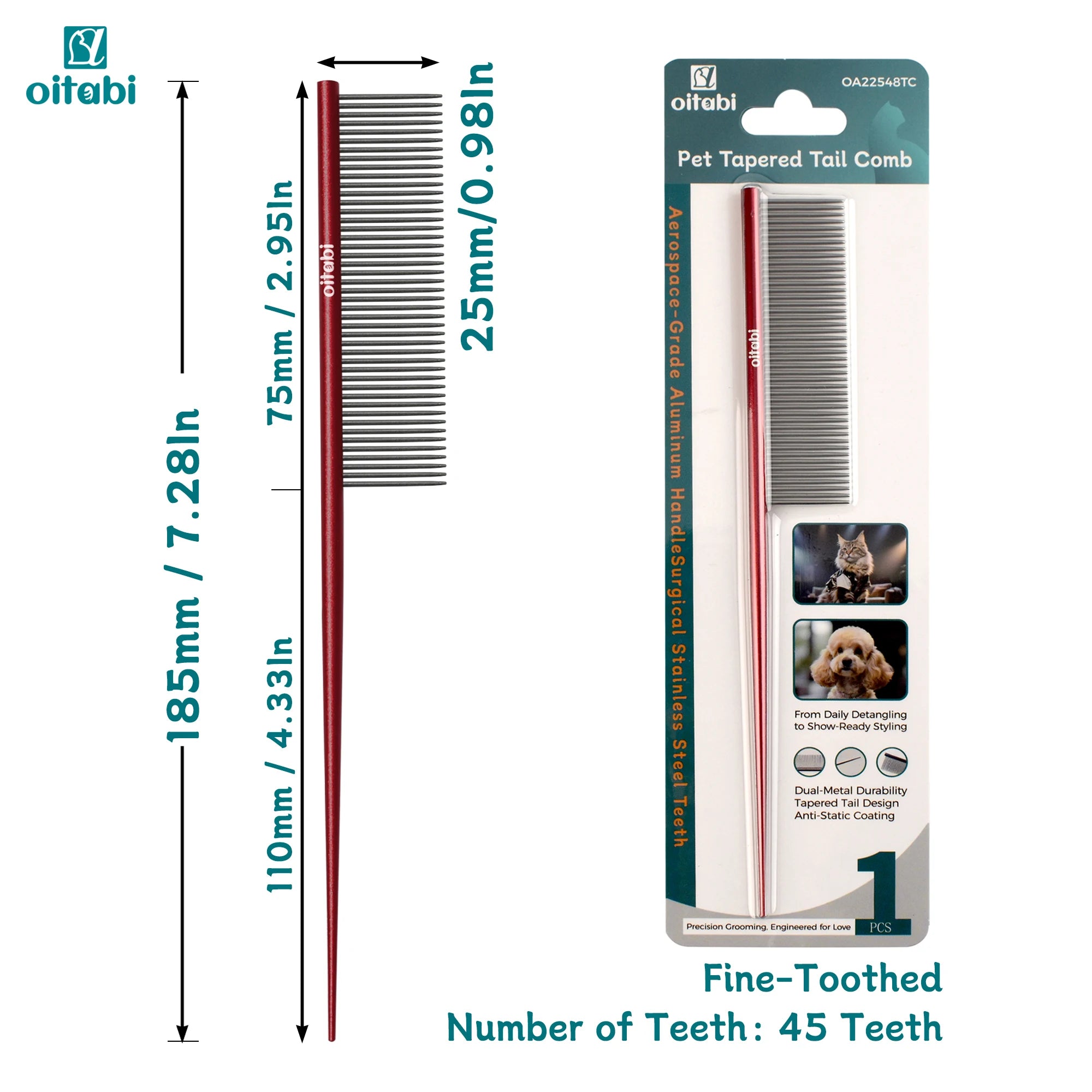 Oitabi Precision Tail Comb made with Bimetal, Finishing and Fluffing Comb for Grooming Paws Face and Tail | Tear Stain Removal