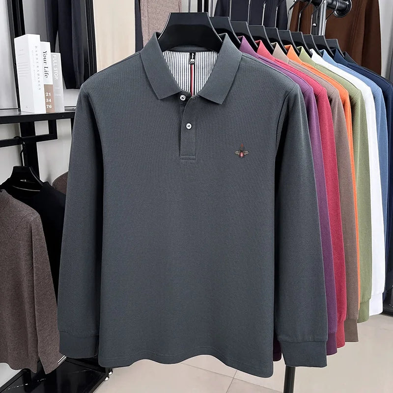 100% pure cotton high-end luxury brand men's long sleeved polo shirt autumn fashion hot selling bee embroidery casual T-shirt