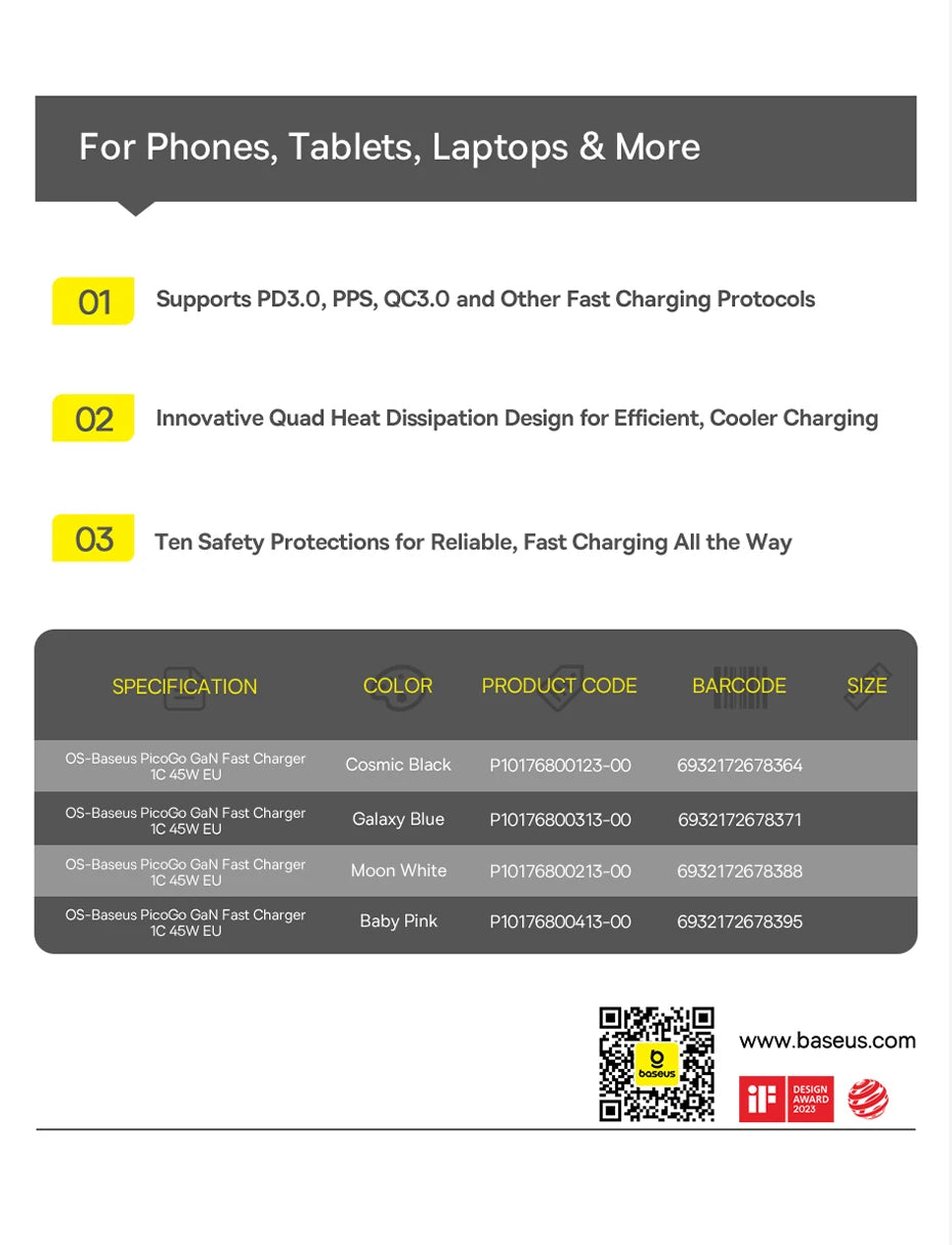 Baseus 45W PD Charger For iPhone 17 16 15 Pro Max Samsung Galaxy Fast Charger GaN Charger USB C Charger Portable Phone Charger