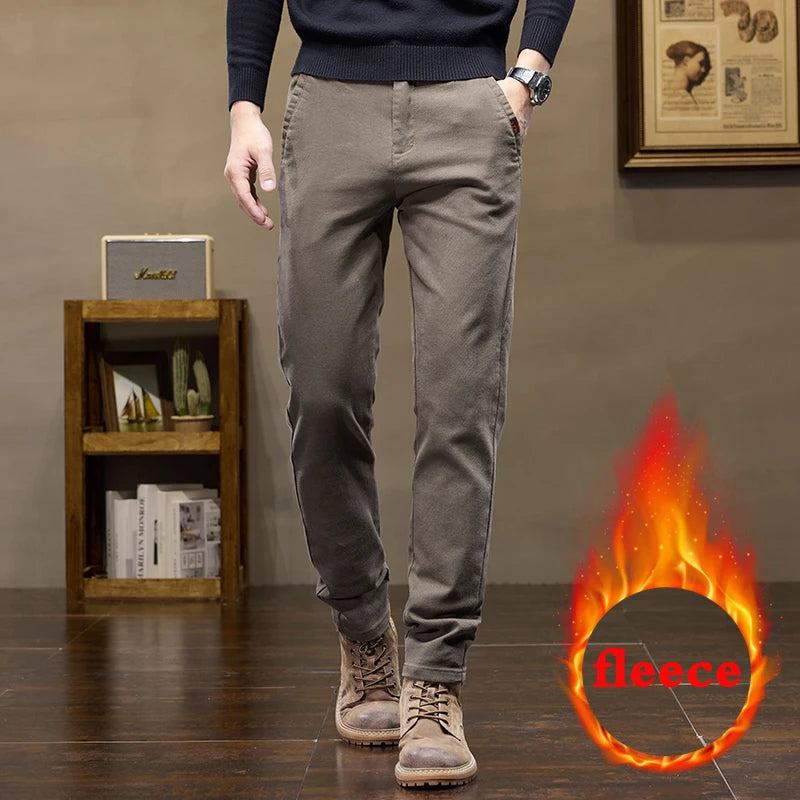 Warm Fleece Pants Winter Man Cowboy Man Thermal Fleece Lined Korean Fashion Slim Thicken Plush Wool Boot Cut Jeans Men